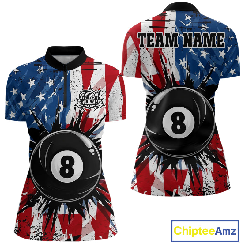 American Flag Strikes 8 Ball women's quarter zip billiard shirt custom patriotic team jersey, professional cue sports uniform
