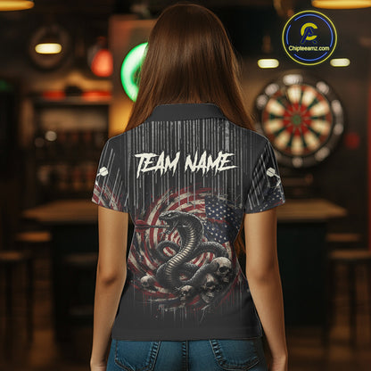 Custom US Flag Cobra Skull Swirl Vintage Women Darts Polo Shirt Retro Dart Jersey Gifts NYN1988