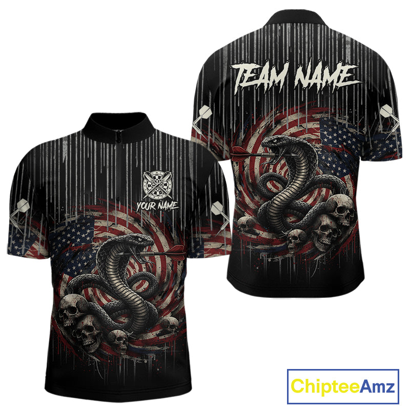 Custom US Flag Cobra Skull Swirl Vintage Men Darts Quarter-Zip Shirt Retro Dart Jersey Gifts NYN1988