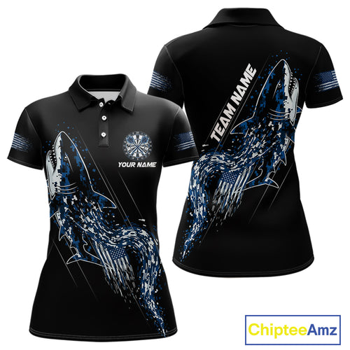 Custom Black And Blue US Flag Digital Camo Shark Darts Polo Shirt For Women Dart Gifts NYN1994
