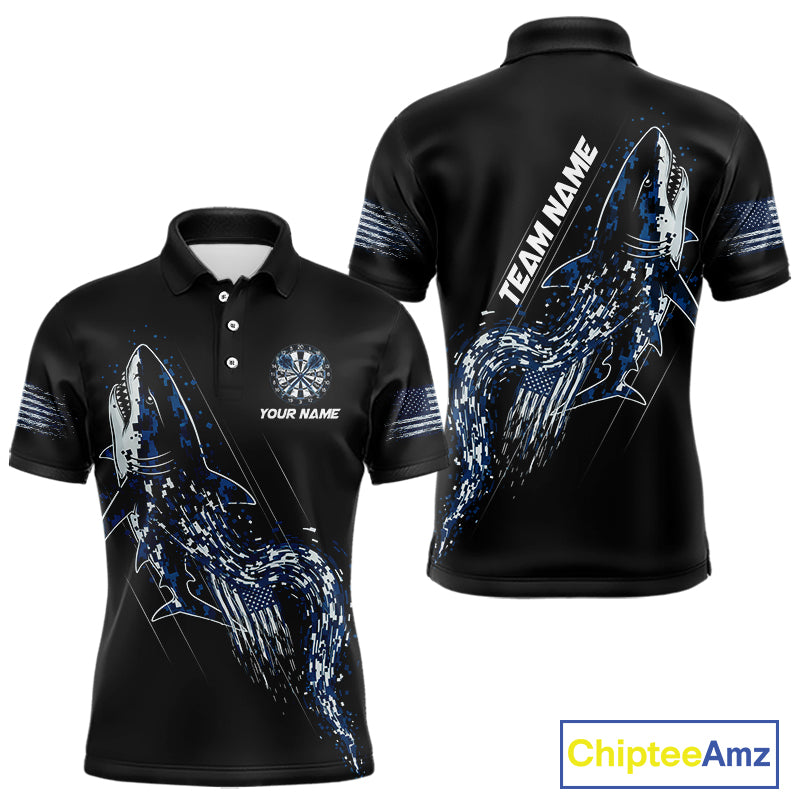 Custom Black And Blue US Flag Digital Camo Shark Darts Polo Shirt For Men Dart Gifts NYN1994