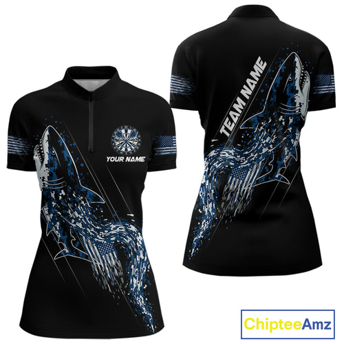 Custom Black And Blue US Flag Digital Camo Shark Darts Quarter-Zip Shirt For Women Dart Gifts NYN1994