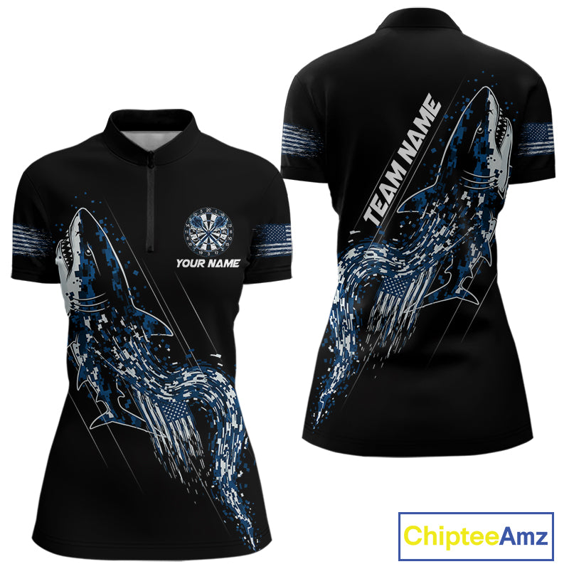 Custom Black And Blue US Flag Digital Camo Shark Darts Quarter-Zip Shirt For Women Dart Gifts NYN1994