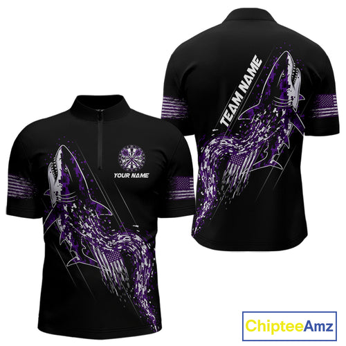 Custom Black And Purple US Flag Digital Camo Shark Darts Quarter-Zip Shirt For Men Dart Gifts NYN1995