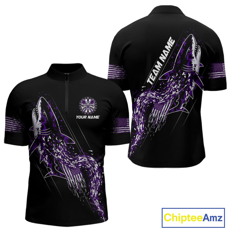 Custom Black And Purple US Flag Digital Camo Shark Darts Quarter-Zip Shirt For Men Dart Gifts NYN1995