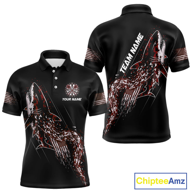 Custom Black And Red US Flag Digital Camo Shark Darts Polo Shirt For Men Dart Gifts NYN1996
