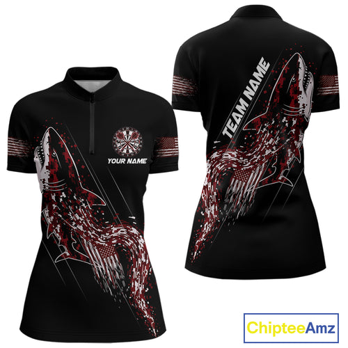 Custom Black And Red US Flag Digital Camo Shark Darts Quarter-Zip Shirt For Women Dart Gifts NYN1996