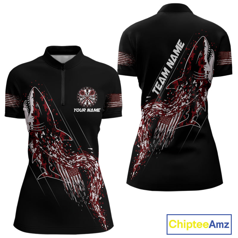 Custom Black And Red US Flag Digital Camo Shark Darts Quarter-Zip Shirt For Women Dart Gifts NYN1996