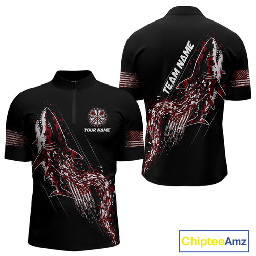 Custom Black And Red US Flag Digital Camo Shark Darts Quarter-Zip Shirt For Men Dart Gifts NYN1996