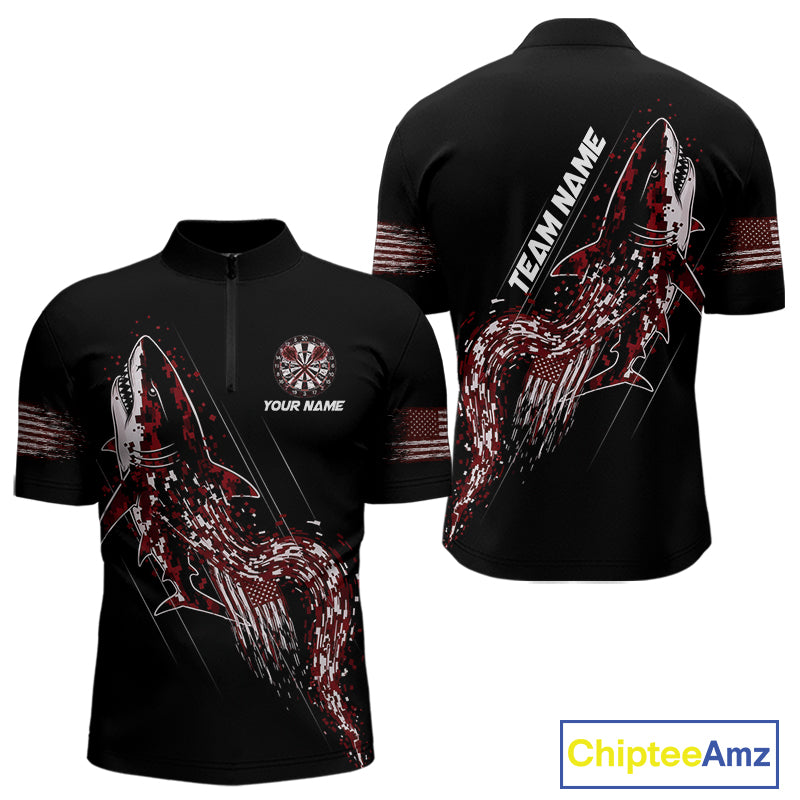 Custom Black And Red US Flag Digital Camo Shark Darts Quarter-Zip Shirt For Men Dart Gifts NYN1996