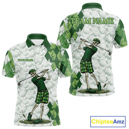 Funny Mens Golf Polo Shirt Custom Green Argyle Pattern Golf Ball Personalized Skull Golf Shirts NYN3100