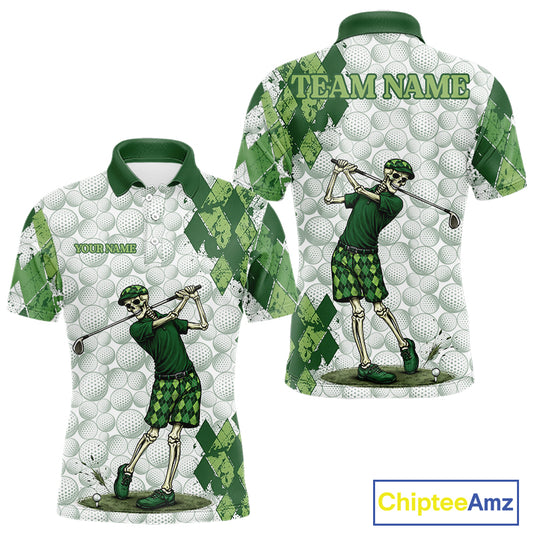 Funny Mens Golf Polo Shirt Custom Green Argyle Pattern Golf Ball Personalized Skull Golf Shirts NYN3100