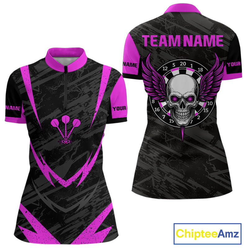 Women's Custom Darts Team Shirt - Purple Wings Skull Dartboard With Grunge Pattern NYN0324