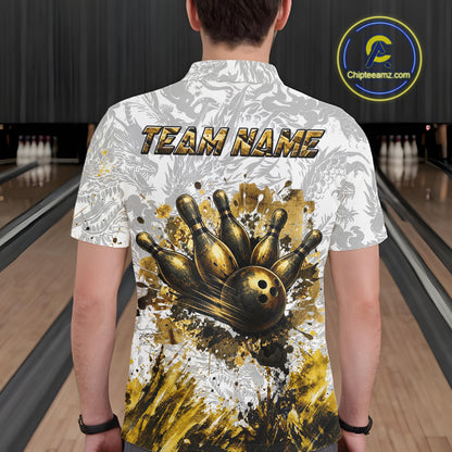 Splatter Black & Gold Bowling Polo & 1/4-Zip Shirt For Men Custom Gray Dragon Bowling Team Jersey NYN3269