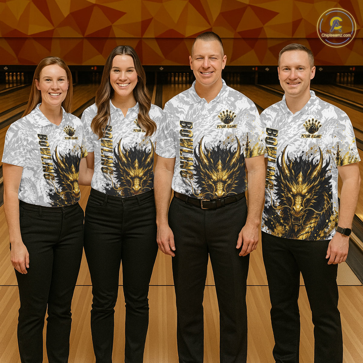 Splatter Black & Gold Bowling Polo & 1/4-Zip Shirt For Men Custom Gray Dragon Bowling Team Jersey NYN3269