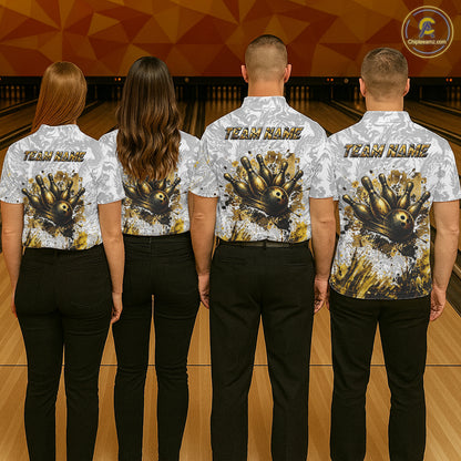 Splatter Black & Gold Bowling Polo & 1/4-Zip Shirt For Men Custom Gray Dragon Bowling Team Jersey NYN3269