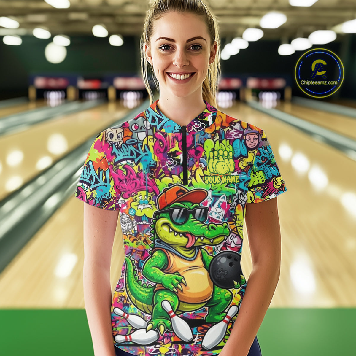 Funny Cool Crocodile Women Bowling Shirts Custom Green Graffiti Team Bowling Jersey For Bowlers NYN3271