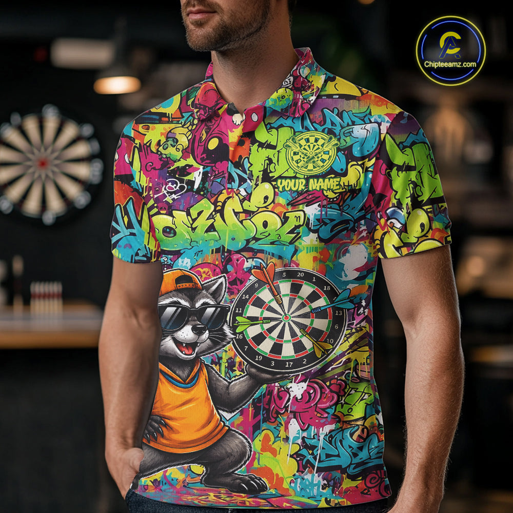 Male darts player wearing Cool Raccoon Dartboard Graffiti jersey during league and tournament matches