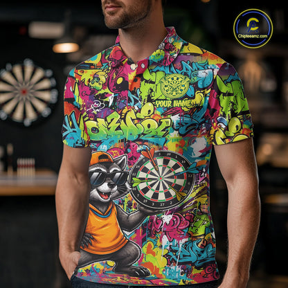 Male darts player wearing Cool Raccoon Dartboard Graffiti jersey during league and tournament matches
