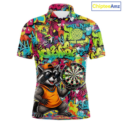 Cool Raccoon Dartboard Graffiti men's darts polo shirt, funny dart jersey, custom dart team apparel, personalized darts uniform