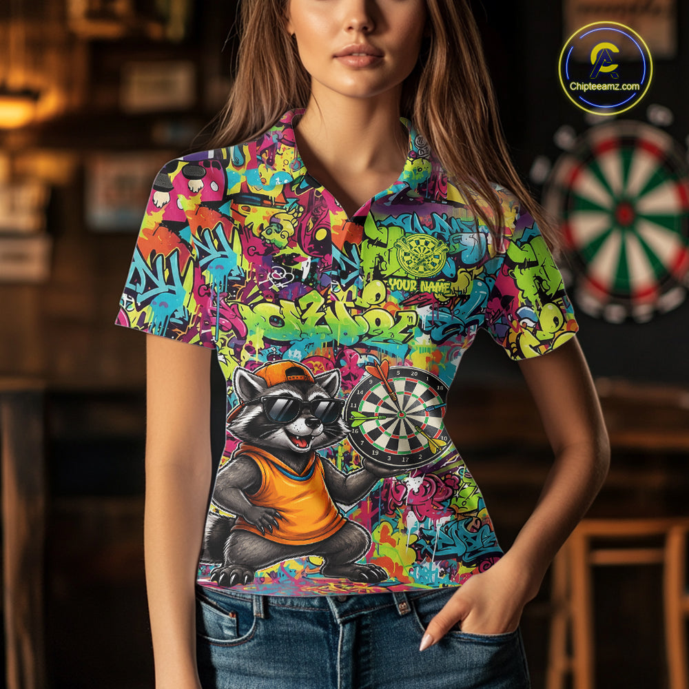 Female darts player wearing Cool Raccoon Dartboard Graffiti jersey during league and tournament matches