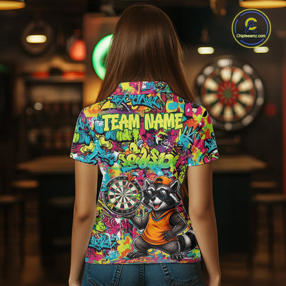 Female darts player wearing Cool Raccoon Dartboard Graffiti jersey during league and tournament matches