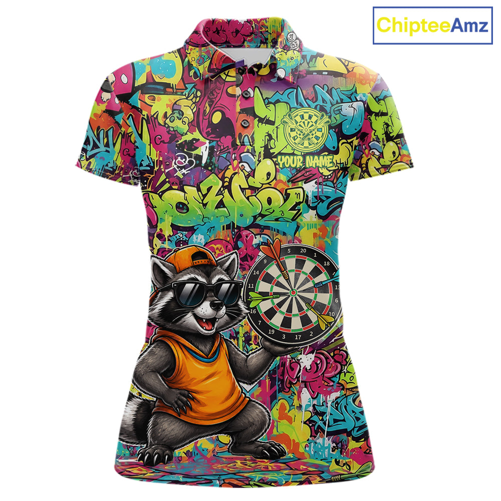 Cool Raccoon Dartboard Graffiti women's darts polo shirt, funny dart jersey, custom dart team apparel, personalized darts uniform