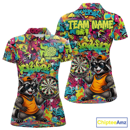Cool Raccoon Dartboard Graffiti women's darts polo shirt, funny dart jersey, custom dart team apparel, personalized darts uniform