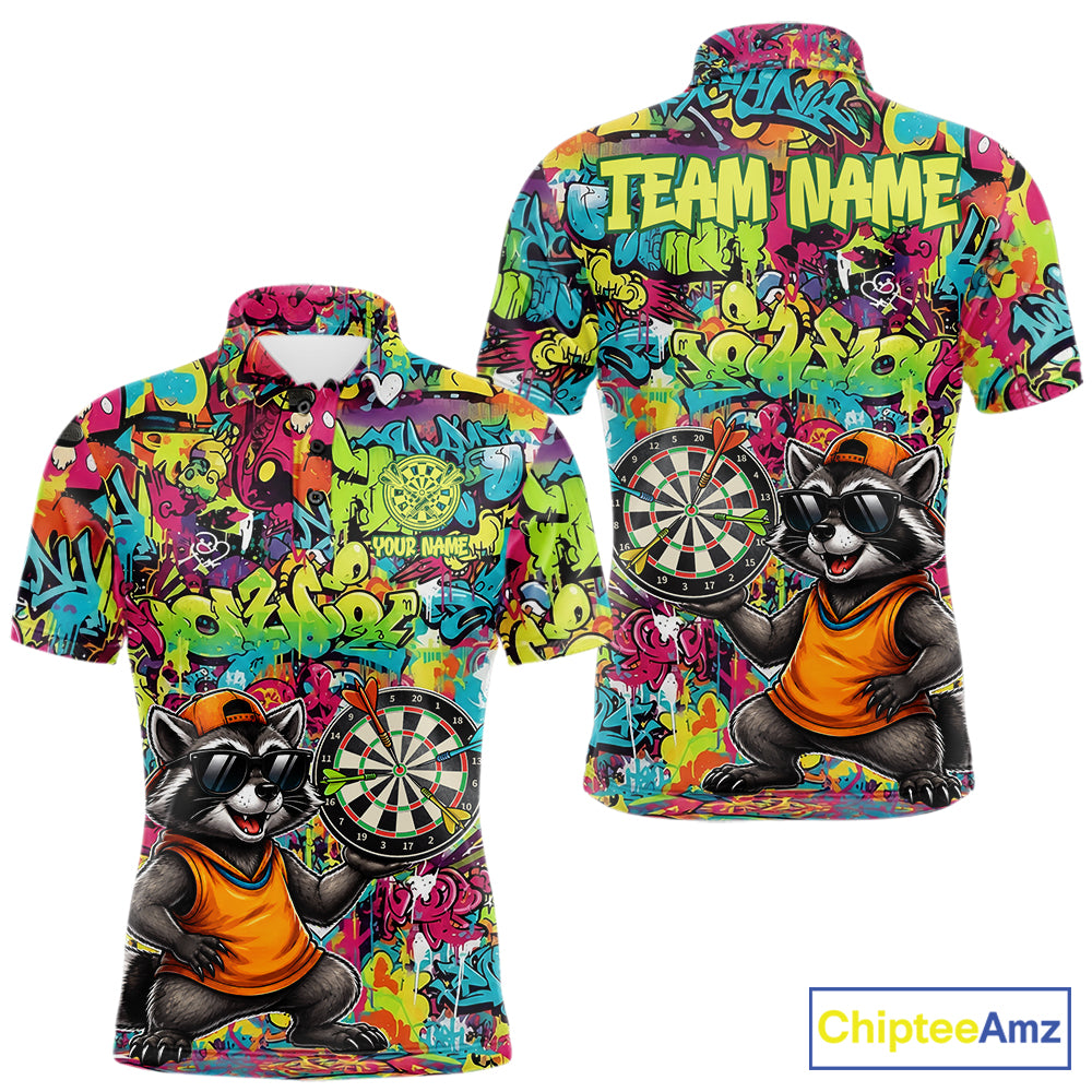 Cool Raccoon Dartboard Graffiti men's darts polo shirt, funny dart jersey, custom dart team apparel, personalized darts uniform