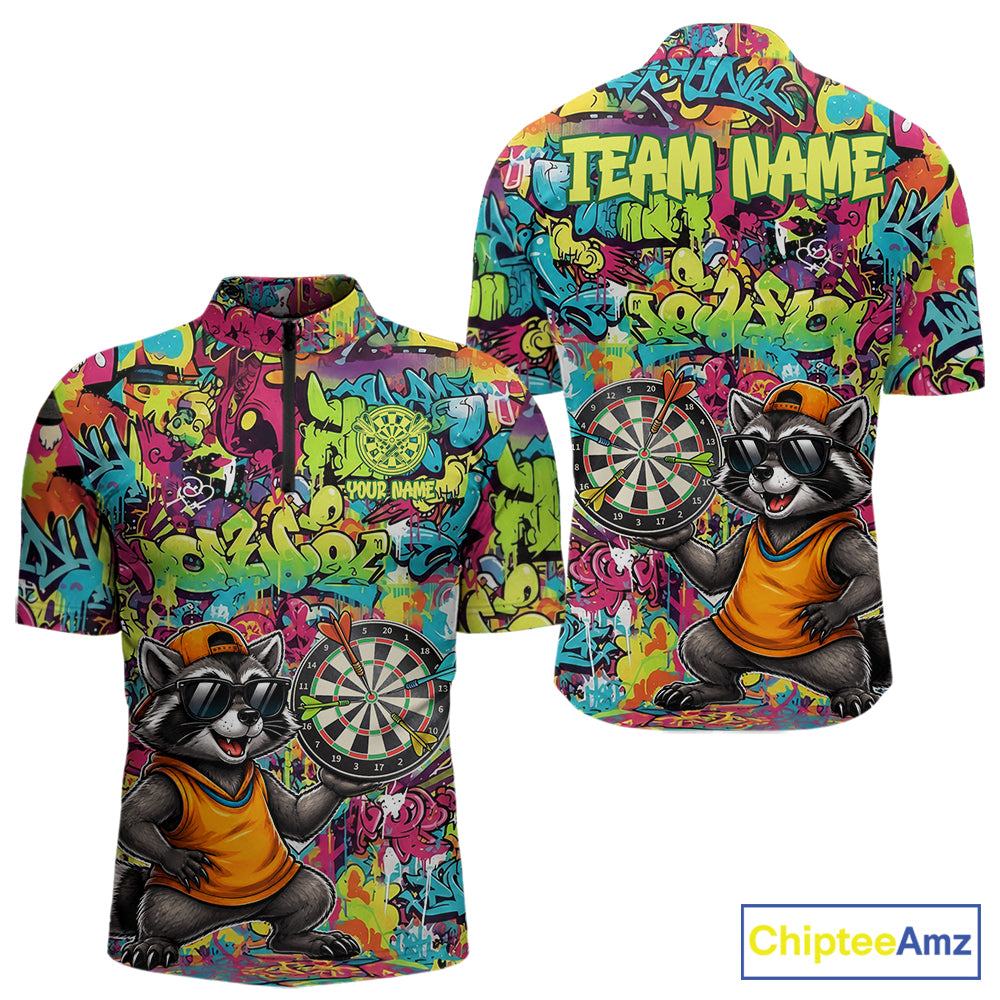 Cool Raccoon Dartboard Graffiti men's quarter zip darts shirt, custom funny dart team jersey, tournament darts apparel