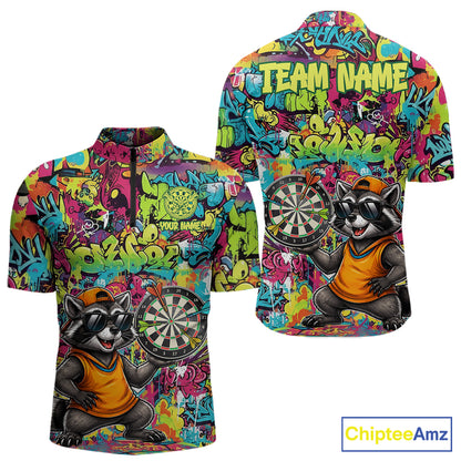 Cool Raccoon Dartboard Graffiti men's quarter zip darts shirt, custom funny dart team jersey, tournament darts apparel