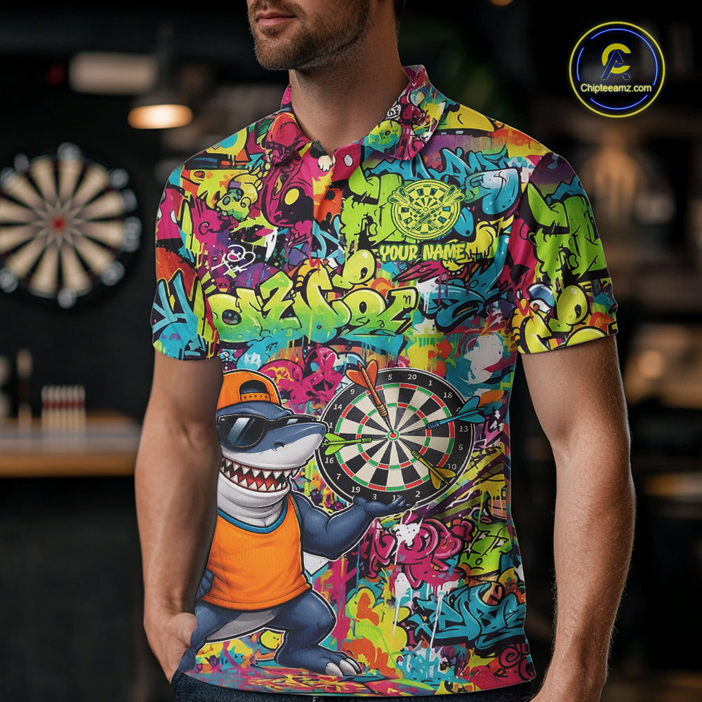 Male darts player wearing Cool Shark Dartboard Graffiti jersey during professional darts competition