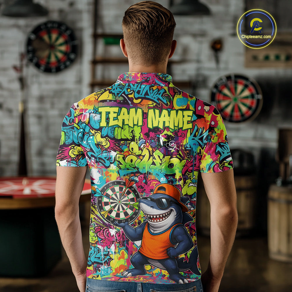 Male darts player wearing Cool Raccoon Dartboard Graffiti jersey during league and tournament matches