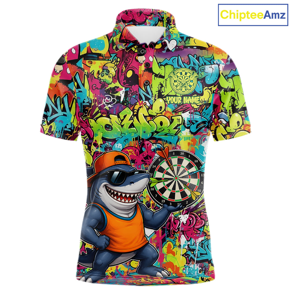 Cool Shark Dartboard Graffiti men's darts polo shirt, custom funny shark dart jersey, personalized dart team uniform