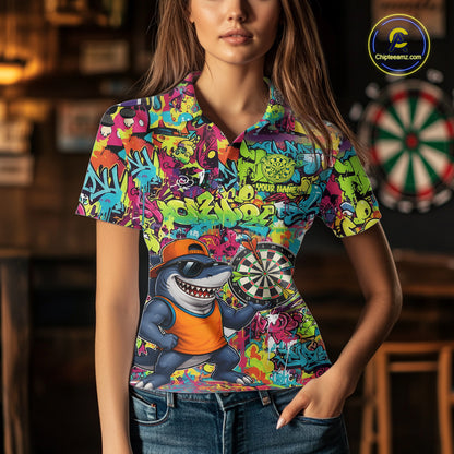 Female darts player wearing Cool Shark Dartboard Graffiti jersey during professional darts competition