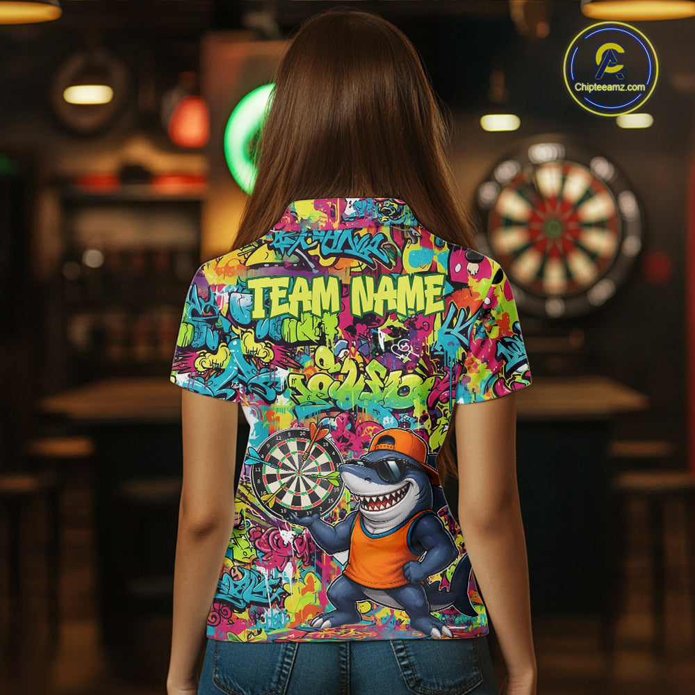 Female darts player wearing Cool Shark Dartboard Graffiti jersey during professional darts competition