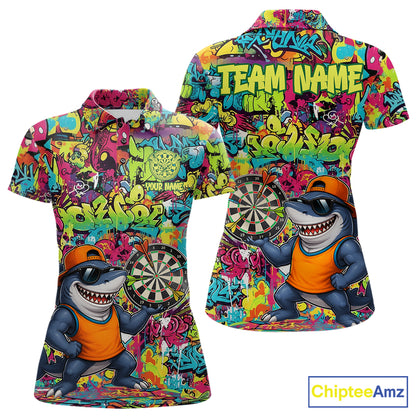 Cool Shark Dartboard Graffiti women's darts polo shirt, custom funny shark dart jersey, personalized dart team uniform