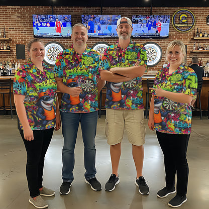 Men women darts team wearing Cool Shark custom dart uniforms, personalized tournament dart jerseys