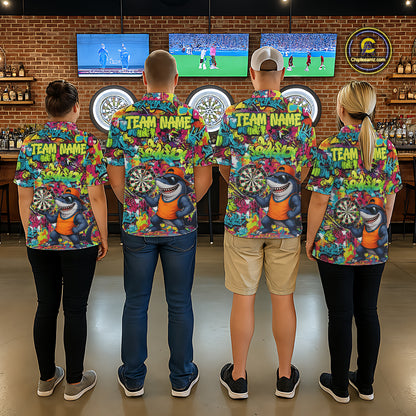 Men women darts team wearing Cool Shark custom dart uniforms, personalized tournament dart jerseys