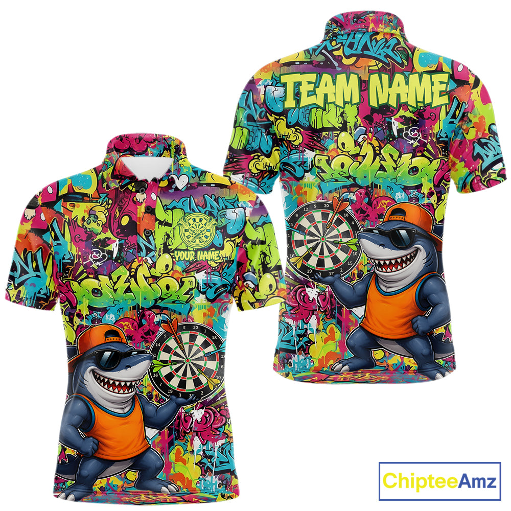 Cool Shark Dartboard Graffiti men's darts polo shirt, custom funny shark dart jersey, personalized dart team uniform