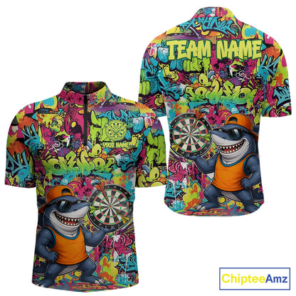 Cool Shark Dartboard Graffiti men's quarter zip darts shirt, custom shark dart team jersey, tournament apparel