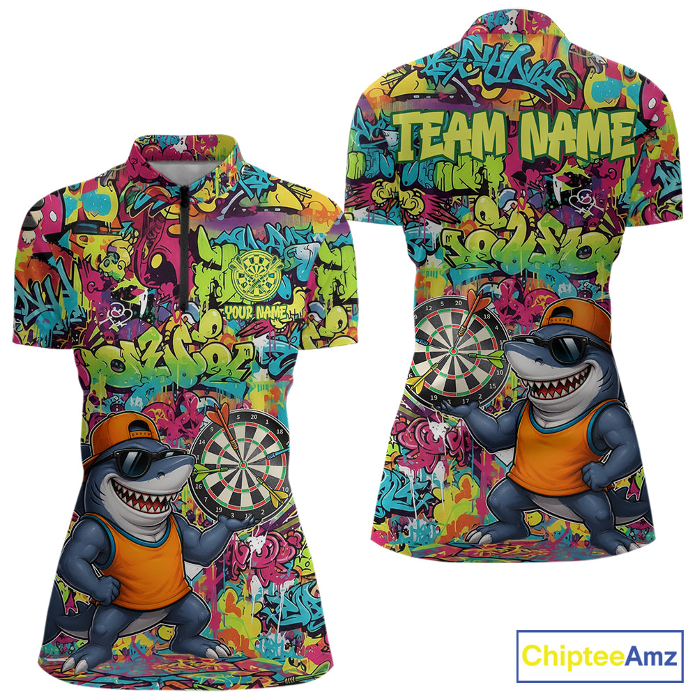 Cool Shark Dartboard Graffiti women's quarter zip darts shirt, custom shark dart team jersey, tournament apparel