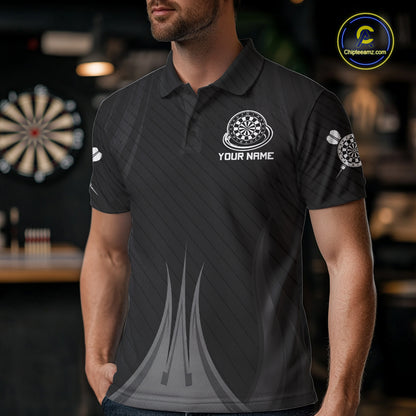Male darts player wearing Black White Dartboard jersey during dart league and tournament competition