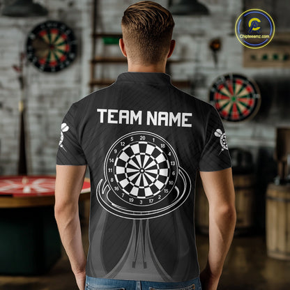 Male darts player wearing Black White Dartboard jersey during dart league and tournament competition