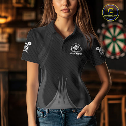 Female darts player wearing Black White Dartboard jersey during dart league and tournament competition