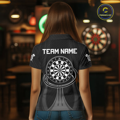 Female darts player wearing Black White Dartboard jersey during dart league and tournament competition