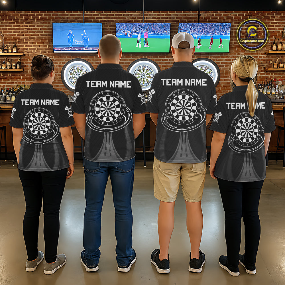 Men women darts team wearing Black White Dartboard custom uniforms, professional dart league jerseys