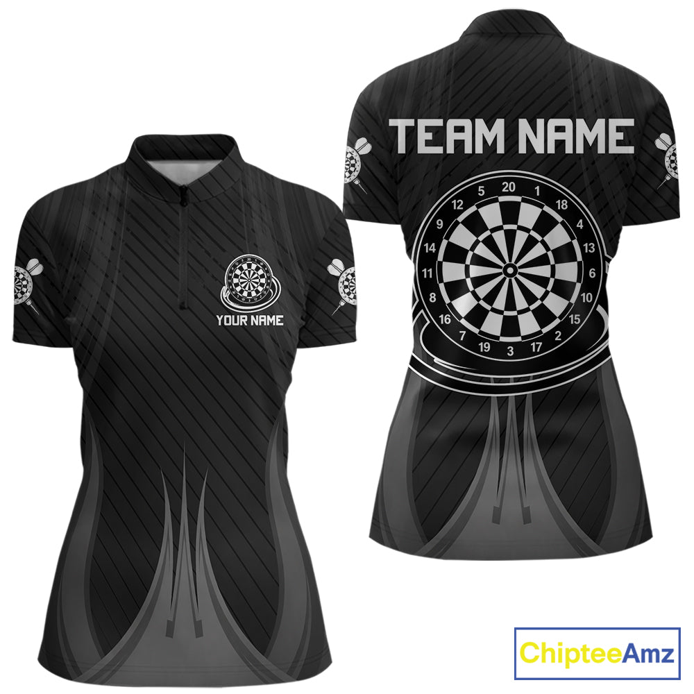 Black White Dartboard women's quarter zip darts shirt, custom dart team jersey, league darts uniform