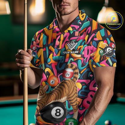 Male model wearing Funny Cat Graffiti custom billiard polo featuring colorful 8 Ball artwork, personalized APA league shirt, BCA tournament jersey, cue sports apparel.