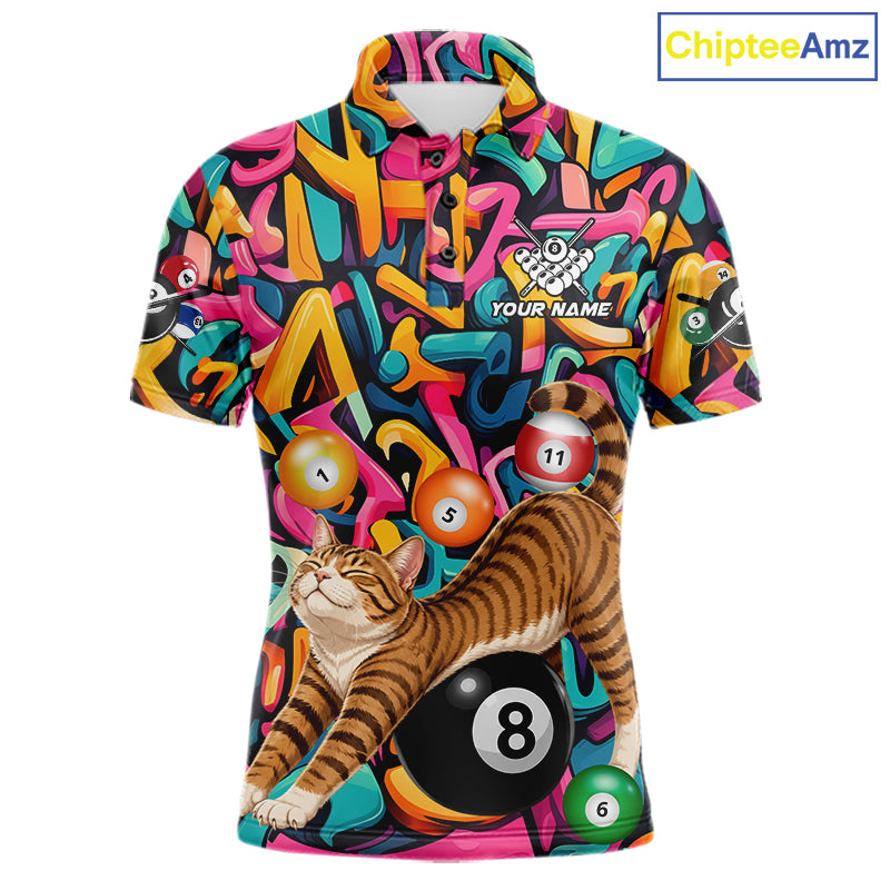 Custom men's Funny Cat Graffiti billiard polo featuring colorful 8 Ball graphics, personalized pool team jersey for leagues, athletic billiard apparel, breathable performance polo.